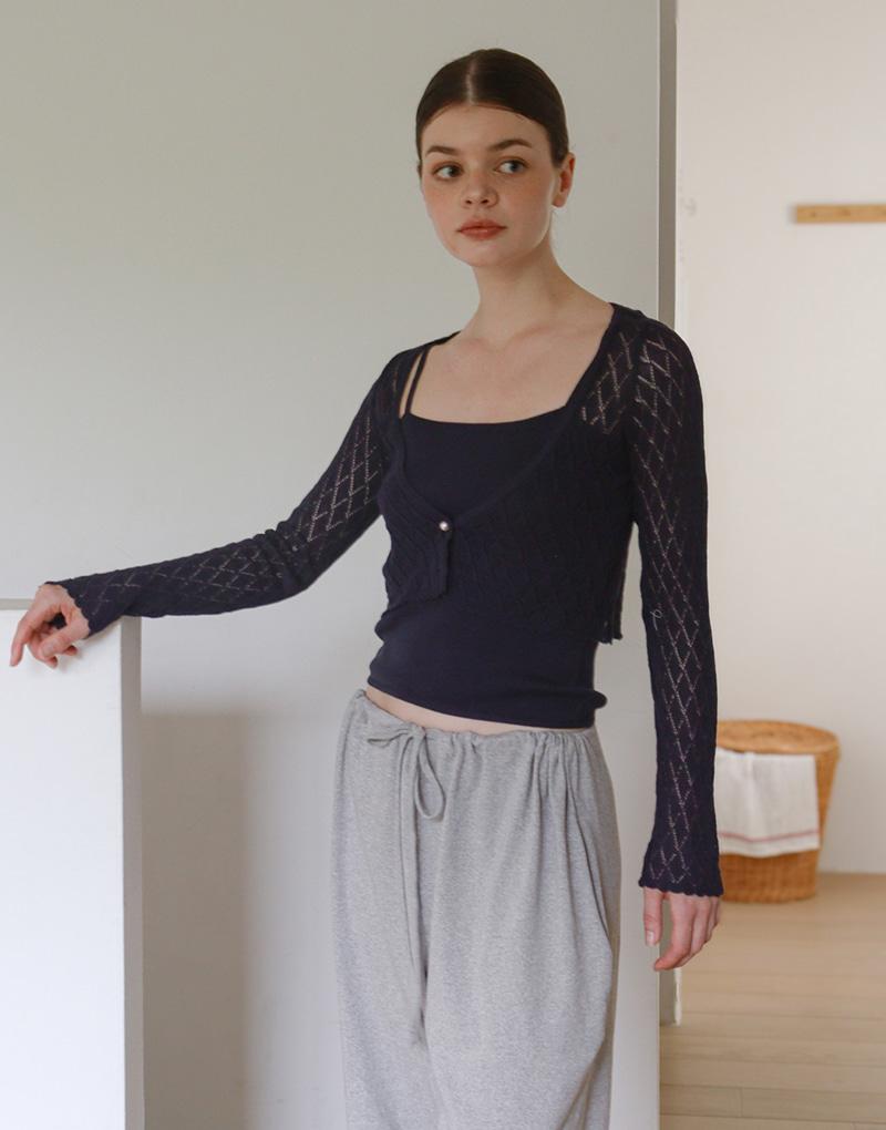 AMAPC Diamond Pattern See-Through Summer Top & Cardigan Set - Navy