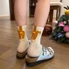 1Pair Cartoon Cat Crew Socks for Women White Spring Summer Over Knee Socks Cute Fun Printed Ankle Socks for Outerwear