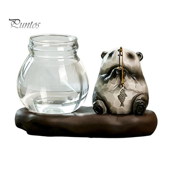 Modern Desktop Plant Holder Leisure Fishing Frog/Cat/Panda/Bear Statue Ornaments, Clear Mini Vases Miniature Small Indoor Pots for Desk Cute Figurines