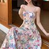 New Retro Floral Suspender Dress, Female Summer Fairy Beach Dress, High-end Medium and Long Dress, Versatile Temperament