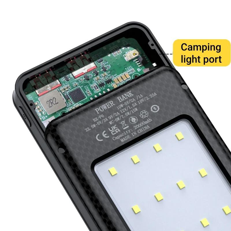 Boîtier de batterie externe 6 x 18650, double port USB type C, avec éclairage de camping, 20 000 mAh, boîtier de rangement pour batterie
