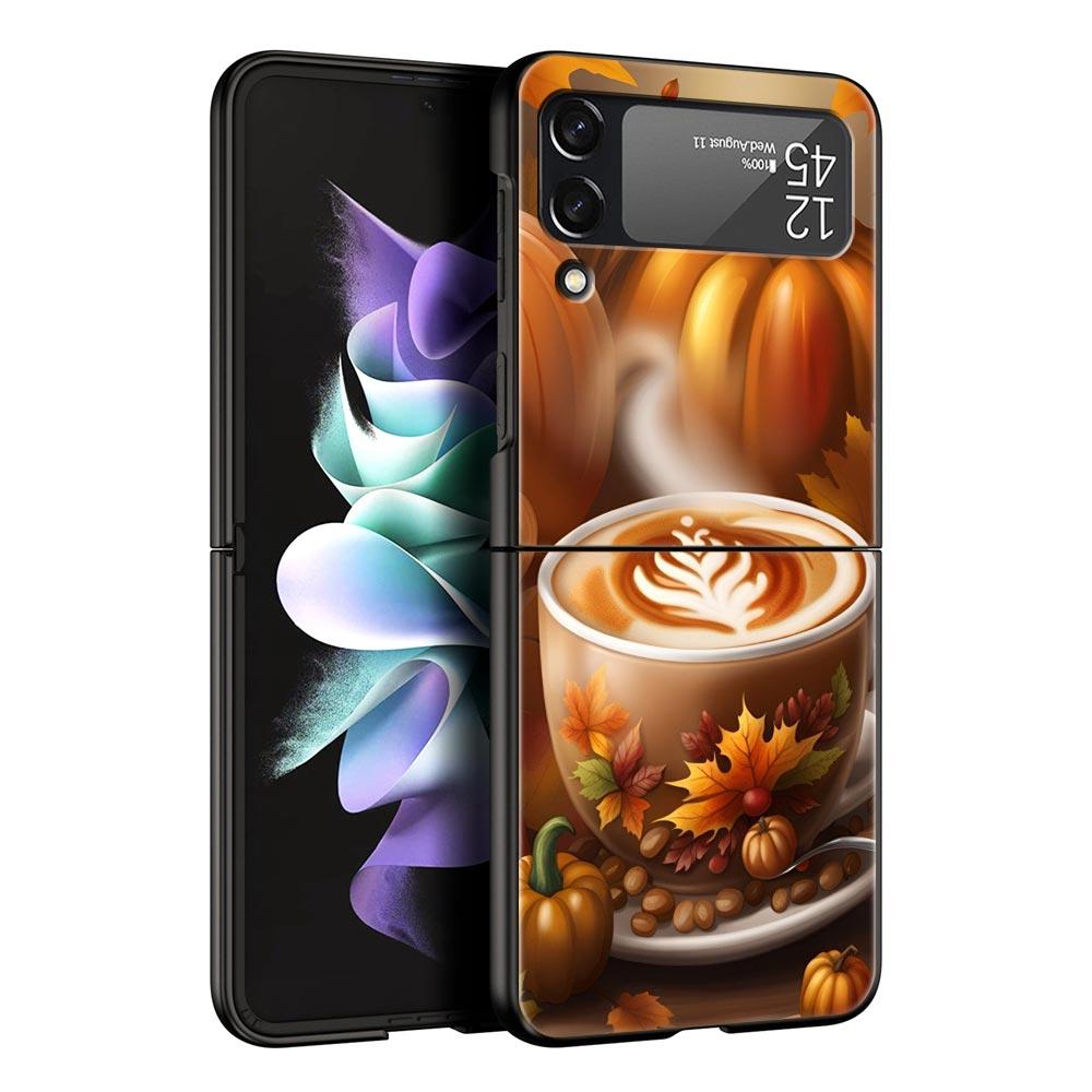 Kürbis Herbstblätter Kaffee Harte PC Handyhülle Für Samsung Galaxy Z Flip 7 6 5 4 Schwarze Hülle Für Galaxy Z Flip 3 Faltbare Schale