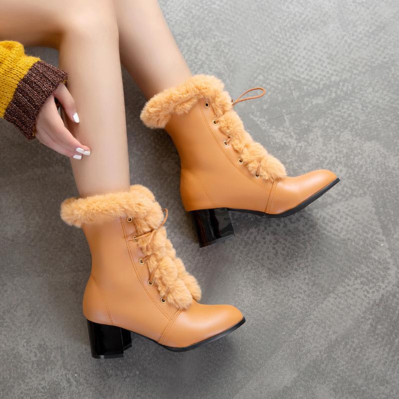 Autumn Winter Fur Women Ankle Boots Quality Solid Lace-up Ladies Shoes Fashion Square High Heels Boats Botines Mujer 33