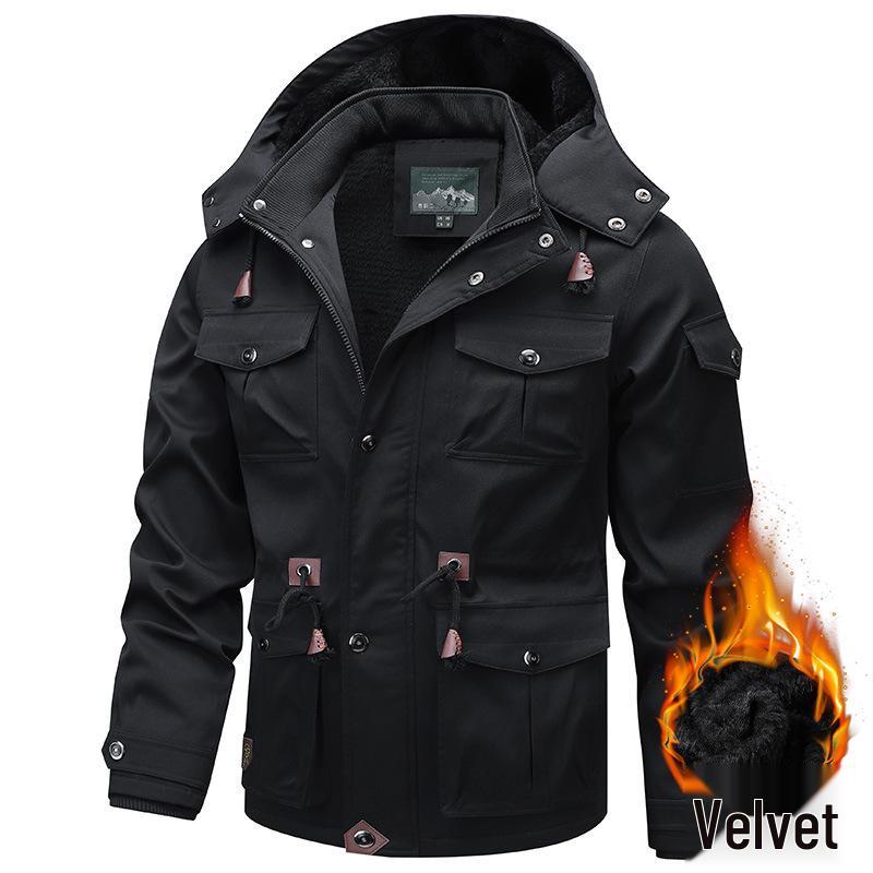 2026 Autumn/Winter Men's Hooded Thick Workwear Jacket, Plus Size, Velvet-Lined, Mid-Length Cotton.