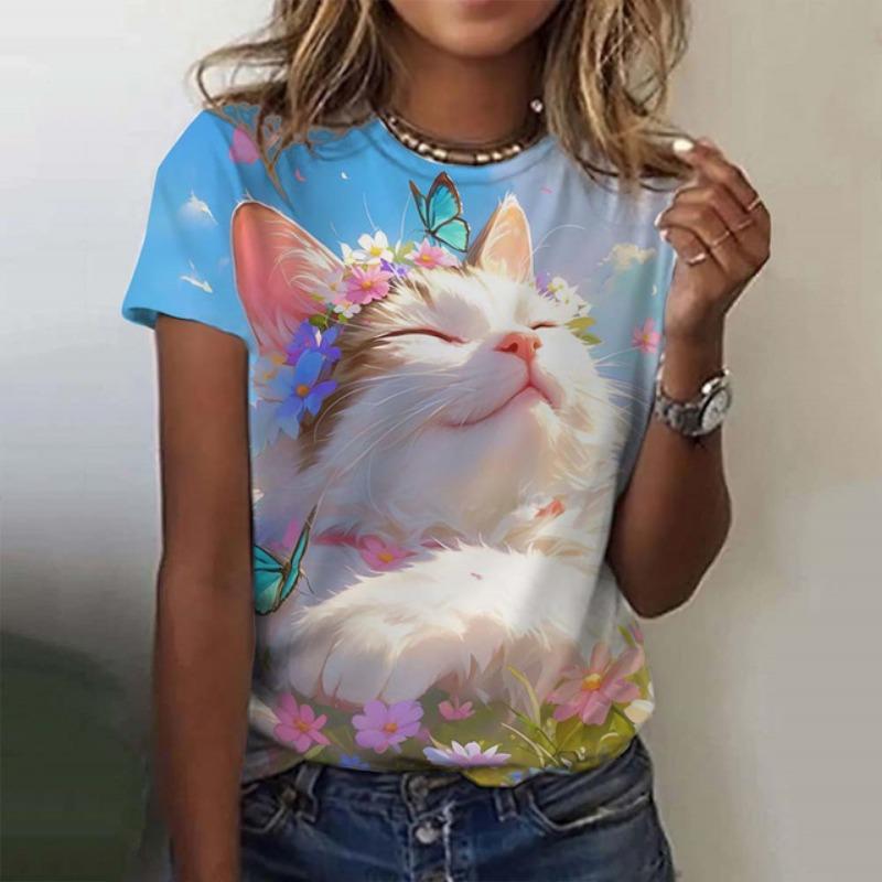 Cute Cat Printed Women's T-Shirt Summer Round Neck Short Sleeved Top Casual Plus Size Clothing Kawaii Animal For Woman T-Shirts