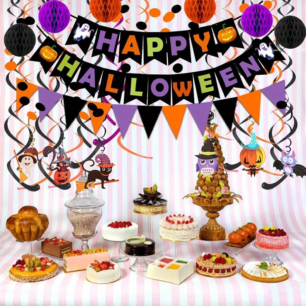 2sets Happy Halloween Banner Paper Triangle Flag Bunting Circle Confetti Hanging Garland Honeycomb Ball Swirl Streamers Halloween Party Decorations