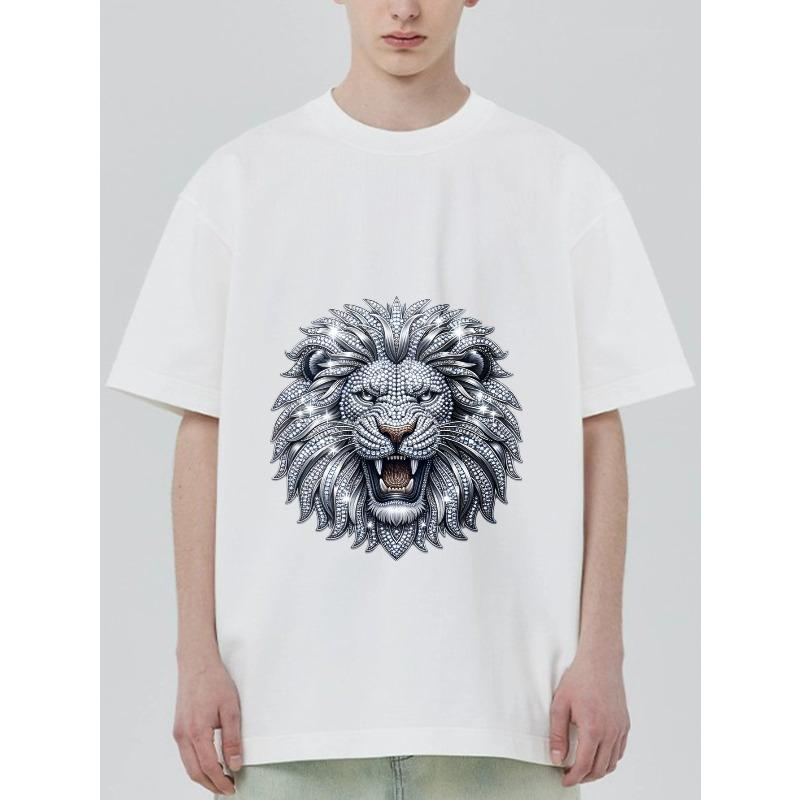 Svart T-shirt med Silverlejonhuvudtryck för Vardagsbruk