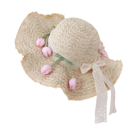 Summer Beach Hat Wavy Fringe Detail Tulip Decor Lace Ribbon Straw Hat French Style Foldable Portable Outdoor Travel Hat