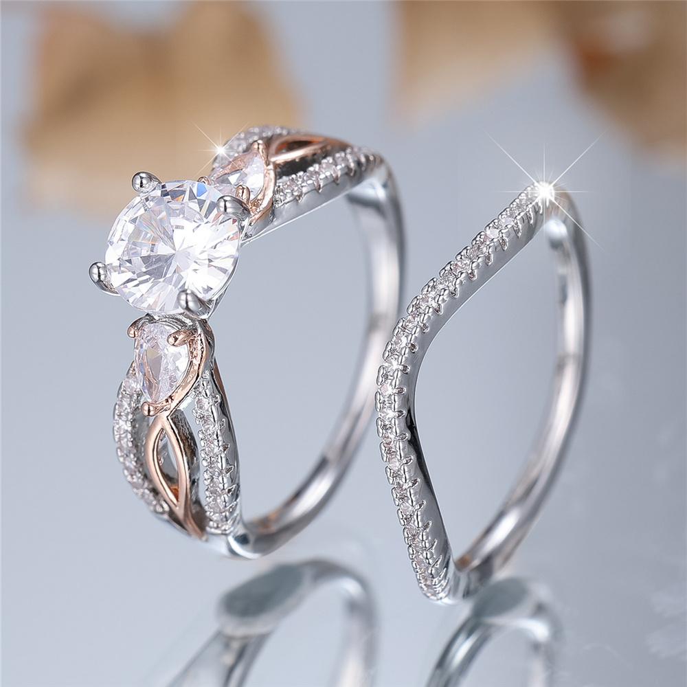 Female Silver Color White Zircon Stone Round Infinity Engagement Ring Set Vintage Bridal Wedding Bands Party Jewelry For Women