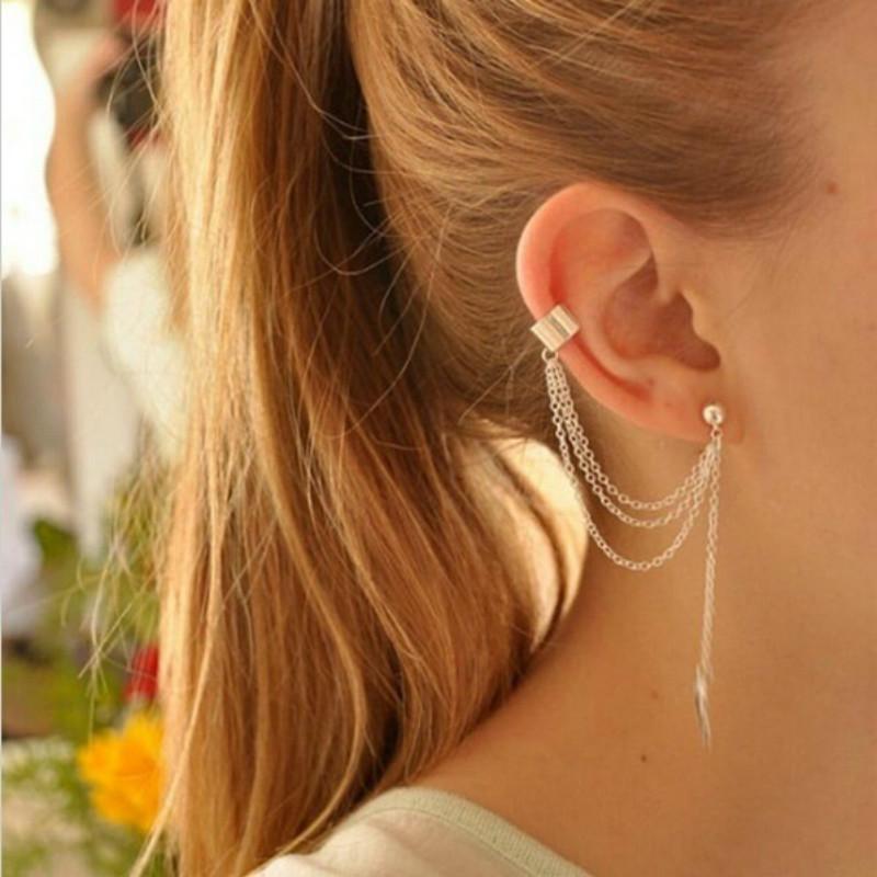 1 Pair Fashion Personality Metal Ear Clip Single Leaf Tassel Earrings Cuff Women and Girls Caught In The Ear Ear Cuffs Jewelry