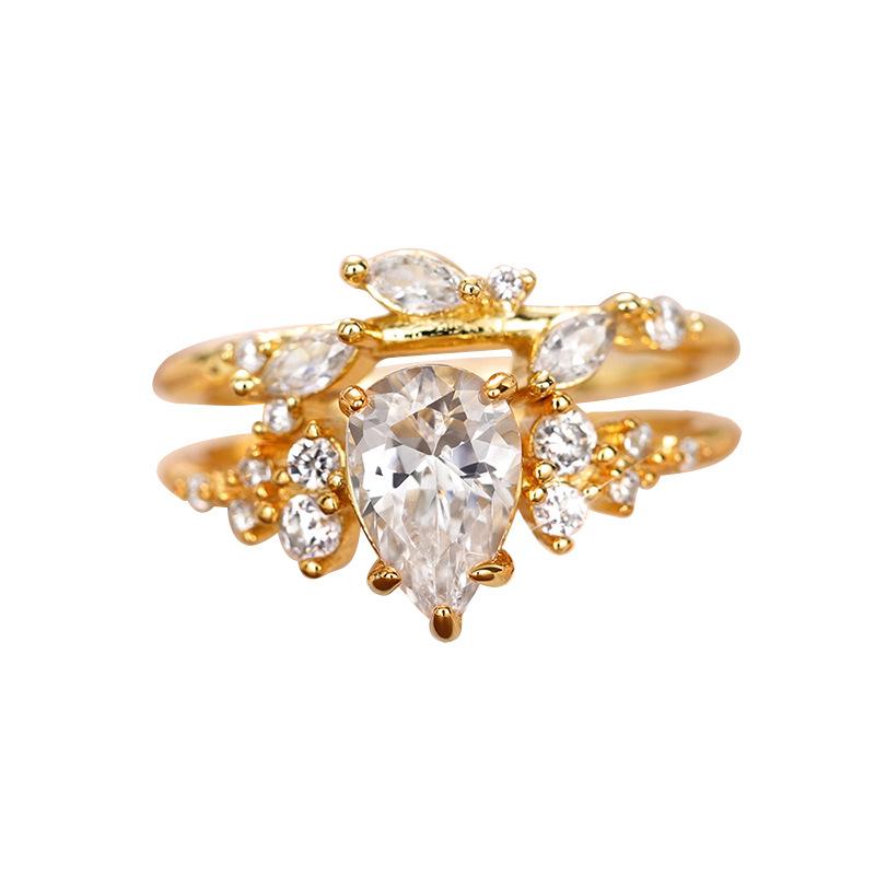 Japanese Light Luxury Two Pairs of Rings, Open Branches and Buds, Fashionable Zircon Personalized Rings, Niche Design Jewelry Women