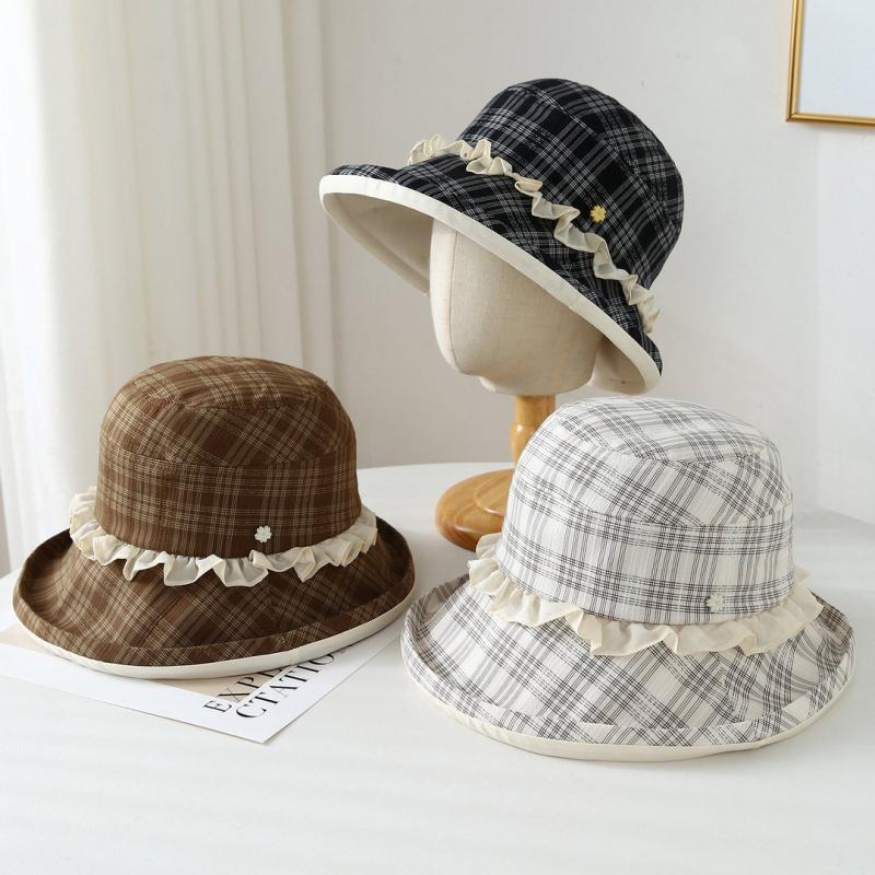 Women'S New Spring Summer Plaid Bucket Hat, Rolled Brim Lace Decor, Casual Travel Hat