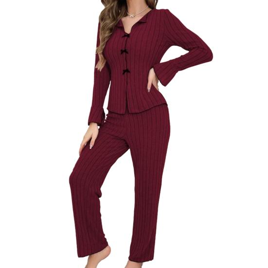 Dammode 2-delat Loungeset Ribbat Knäppning Nedåt Kavajkrage Rosett Pyjamasset Långärmad Mjuk Bekväm Pjs Sovkläder