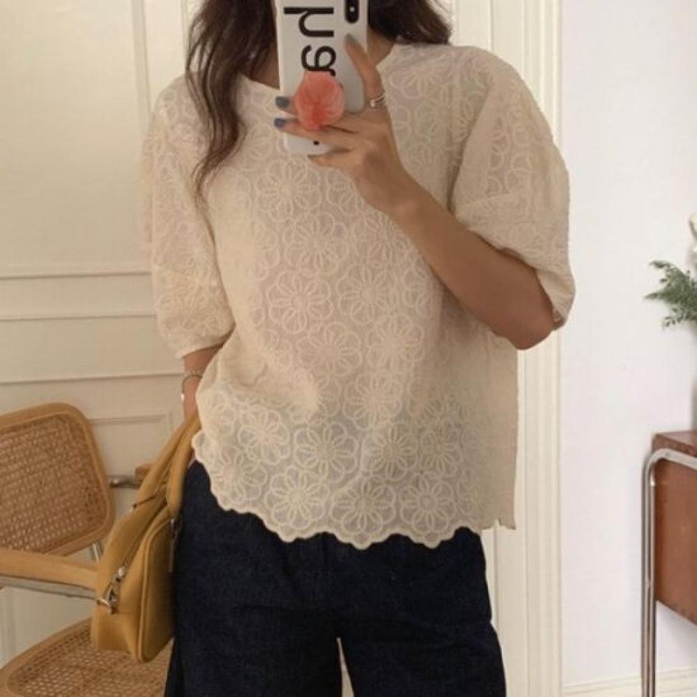 Navava Women S Flower Embroidery Point Short Sleeve blouSe Nb2680