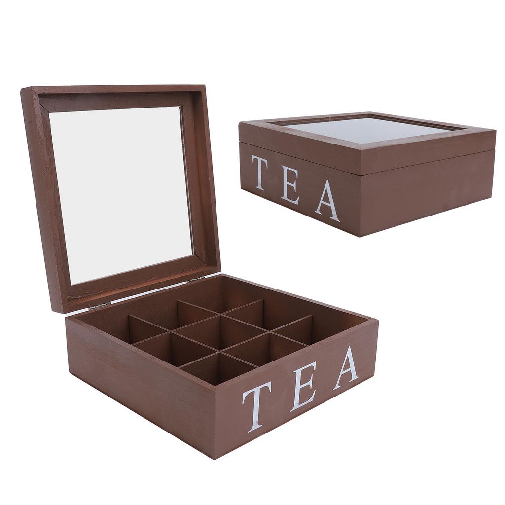 Wooden Tea Storage   with Clear Acrylic Top Window 9 Compartments Eco Friendly Tea Bag Holder Multi Functional Storage Box