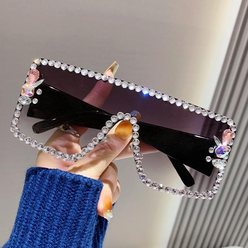 Lunettes de soleil à monture large incrustées de diamants, Lunettes anti-ultraviolets pour femmes, Lunettes de cyclisme monobloc coupe-vent, Lunettes en strass