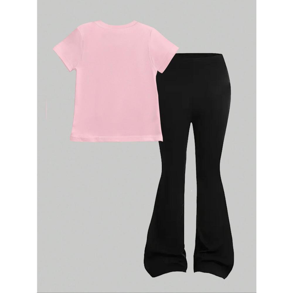 2026 New 67 Digital Printed Girls' Short Sleeved Top and Flared Pants Two-piece Set Children's Clothing