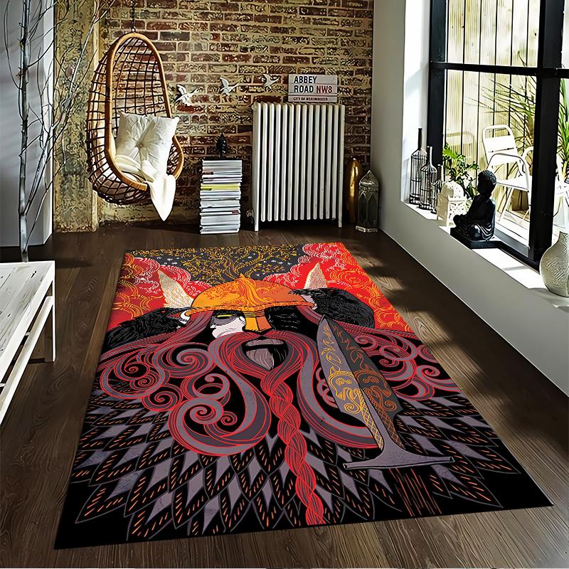 "Viking Warrior Design Carpet with Helmet, Ravens, Red Hair, Nordic Art" Suitable for Use As an Anti-slip for Living Room Bedroom Sofas