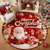 Round Christmas Red Carpet Mat Santa Sleigh Reindeer Rug Poinsettia Ornaments Festive Non-slip Home Decoration for Living Room