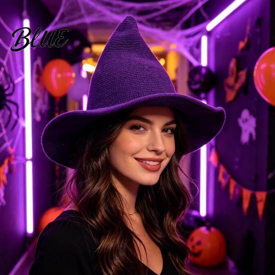 Cotton Knitted Wizard Hat Women Pointed Witch Hat Foldable Wide Brim Cap Halloween for Cosplay Autumn Winter Themed Party Costume Accessory
