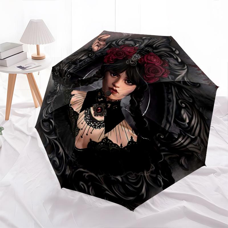 1pc Wednesday & Enigmatic Crow Cartoon Umbrella, Portable 3-Fold Compact Umbrella, Suitable for Camping, Hiking and Travel, Ideal Easter Birthday
