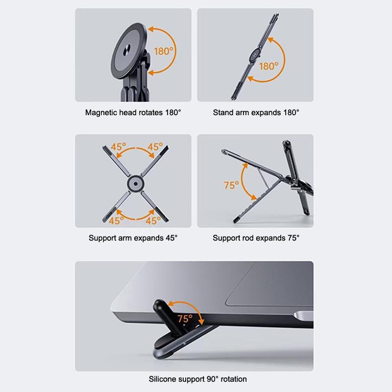 3-in-1 Magnetische Draagbare Laptopstandaard Opvouwbare Aluminiumlegering Laptop&Telefoonhouder 8 Niveaus Hoogteverstelling Laptopstandaard