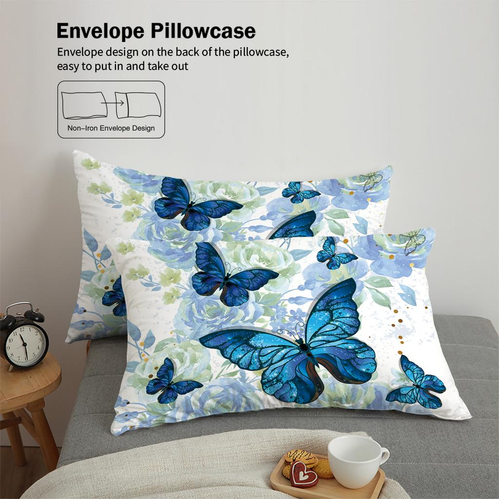 3-piece Down Duvet Cover Set with Blue Butterfly Rose Pattern Print (1 Duvet Cover+2 Pillowcases, No Core) Bedding Set
