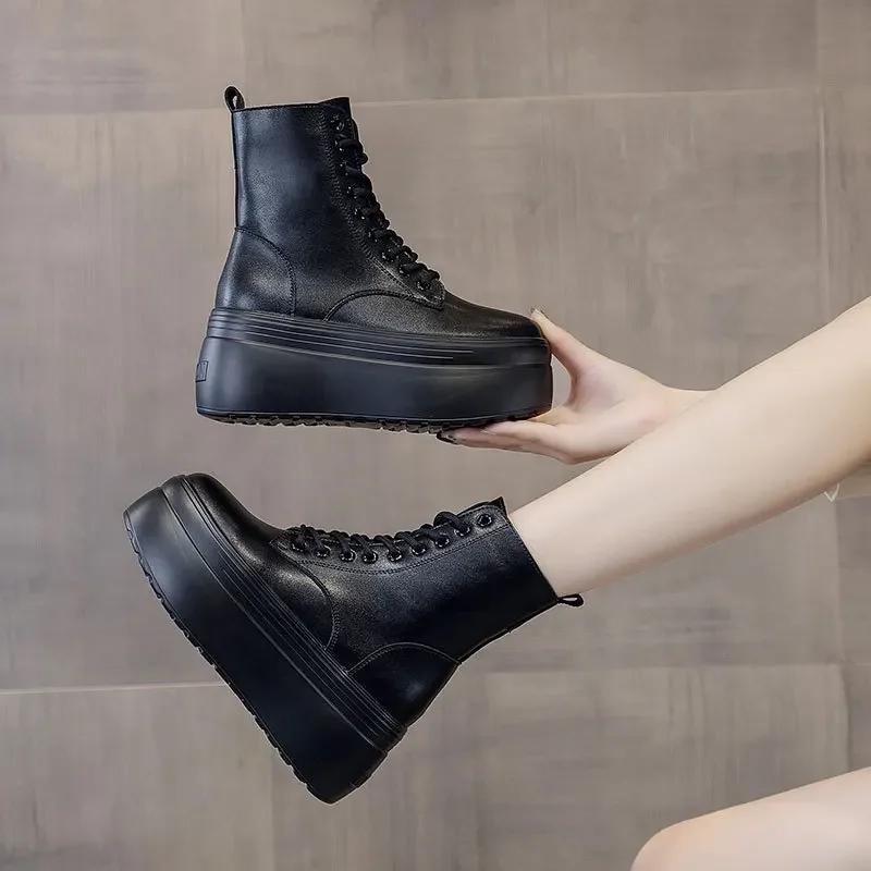 Hot Sales 8CM Non-slip Genuine Leather Platform Wedge Sneakers Super High Motorcycle Ankle Boots Autumn Winter Plush Women Shoes