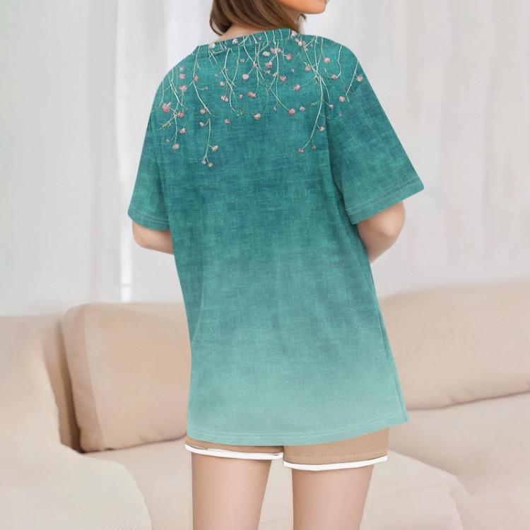 T-shirt Décontracté à Col V et Manches Courtes Imprimé pour Femme Haut Basique Mode pour le Quotidien