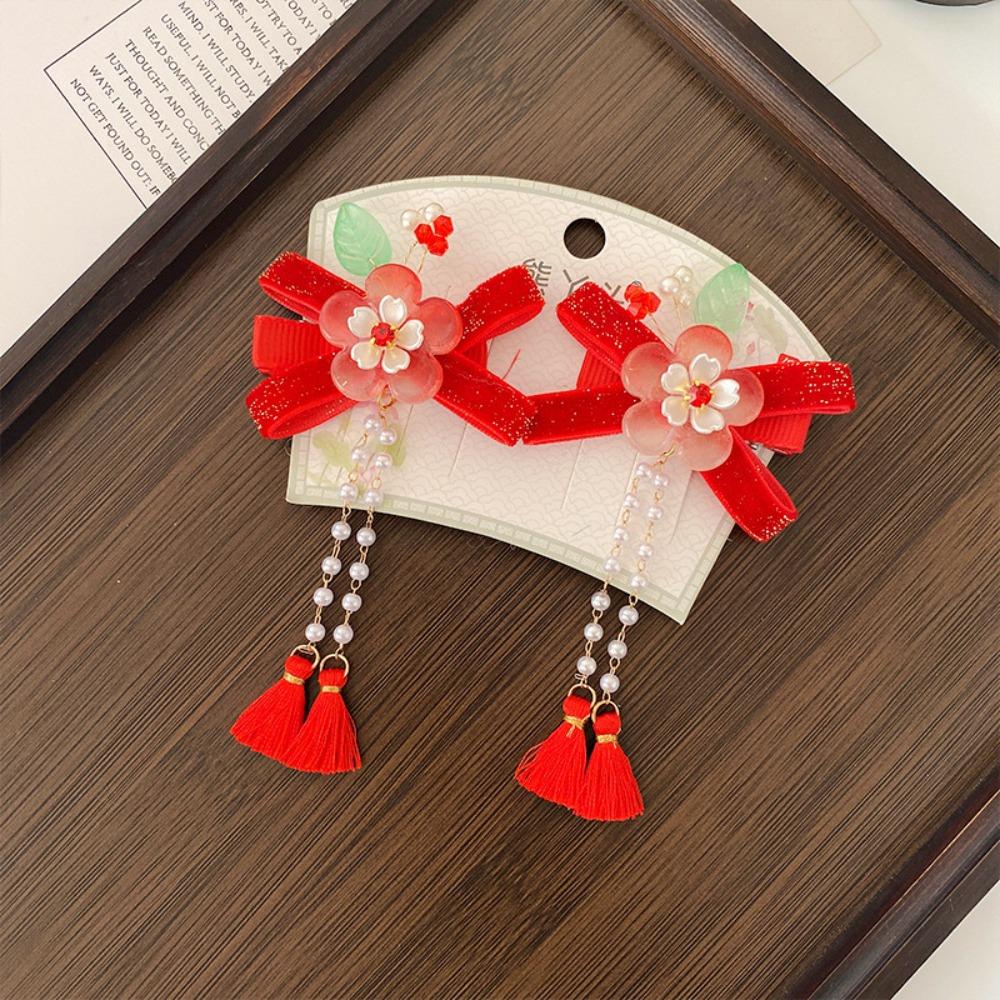 Hanfu Headwear Children's New Year Hairpin Cute Sweet Chinese Style Red Barrettes Tassel Tang Suit Ancient Style Hair Clip Girls