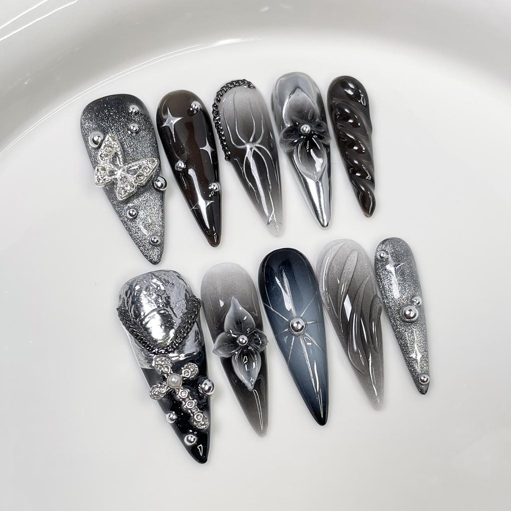 10Pcs French Stiletto Handmade 3D Flower Press On Nails Reusable Fake Nails Stick On Manicure Tips