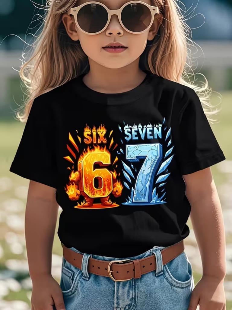 Divertente T-Shirt Meme Sei Sette 6 7 per Bambini Umorismo Caotico Y2k Frase di Gioco Magliette Casual Girocollo Top Moda Abbigliamento per Bambini