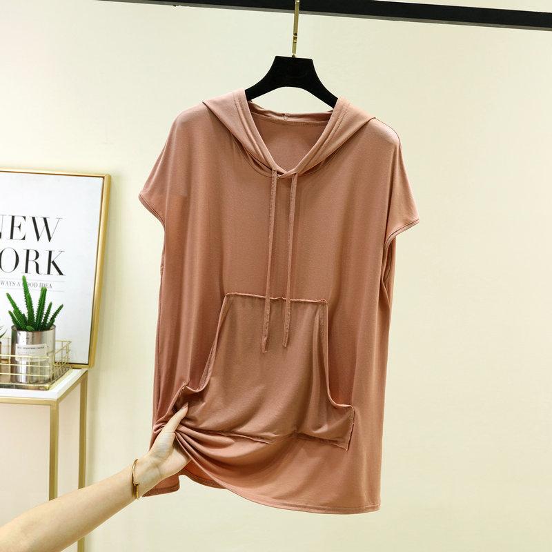 Dames Hooded Korte Mouw T-shirt Los Casual Modal Gebreide Top Zomer Dagelijks Zak Pullover