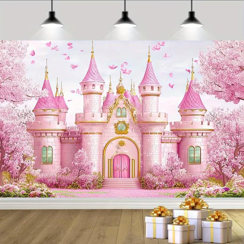 2D Pink Castle with Cherry Blossom Photo Backdrop for Kids Birthday Party Studio Decor Cloth