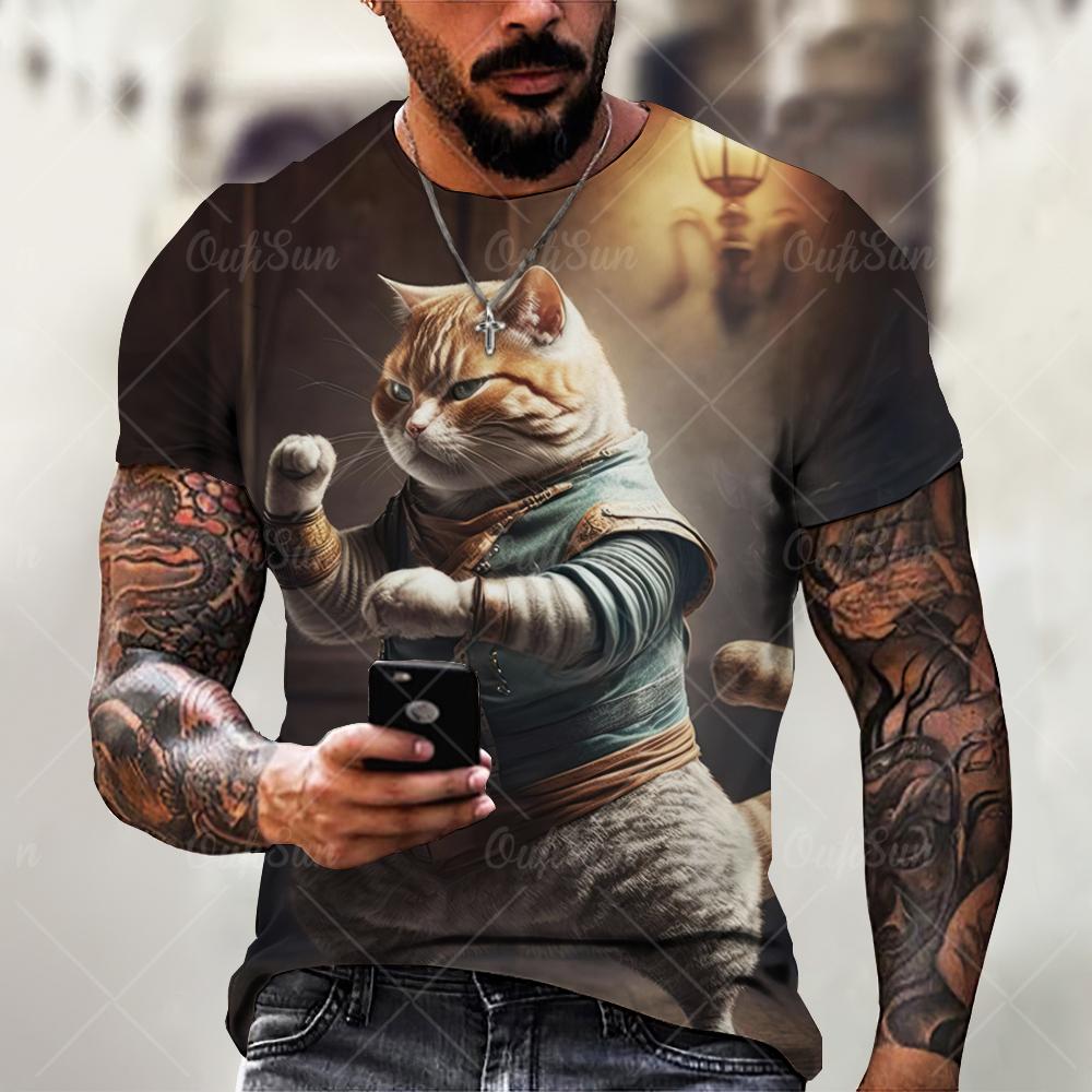 Tricouri pentru bărbați Tricou imprimat cu pisică samurai japonez Tricouri amuzante cu grafică 3D cu animale Topuri casual cu gât rotund și croială largă, cu mânecă scurtă