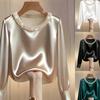 New Spring and Summer Casual Versatile Shirt Gentle Pearl Round Neck Satin Women's Top