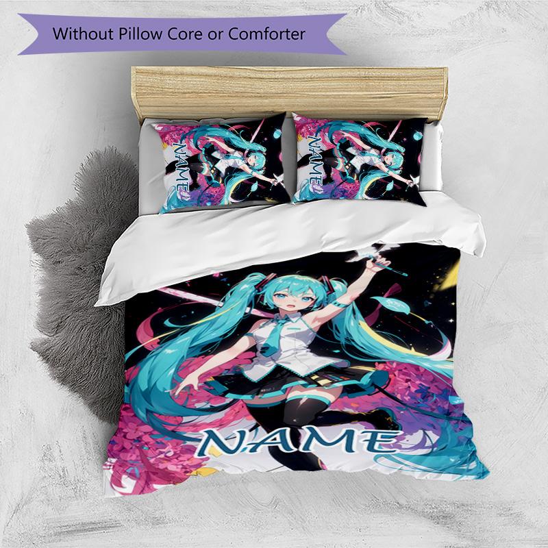 3pcs Hatsune Miku Cover Set - Personalized Name, HD Printed Bedding with 1 Cover and 2 Pillowcases - Perfect for Home Decor, Easy Care