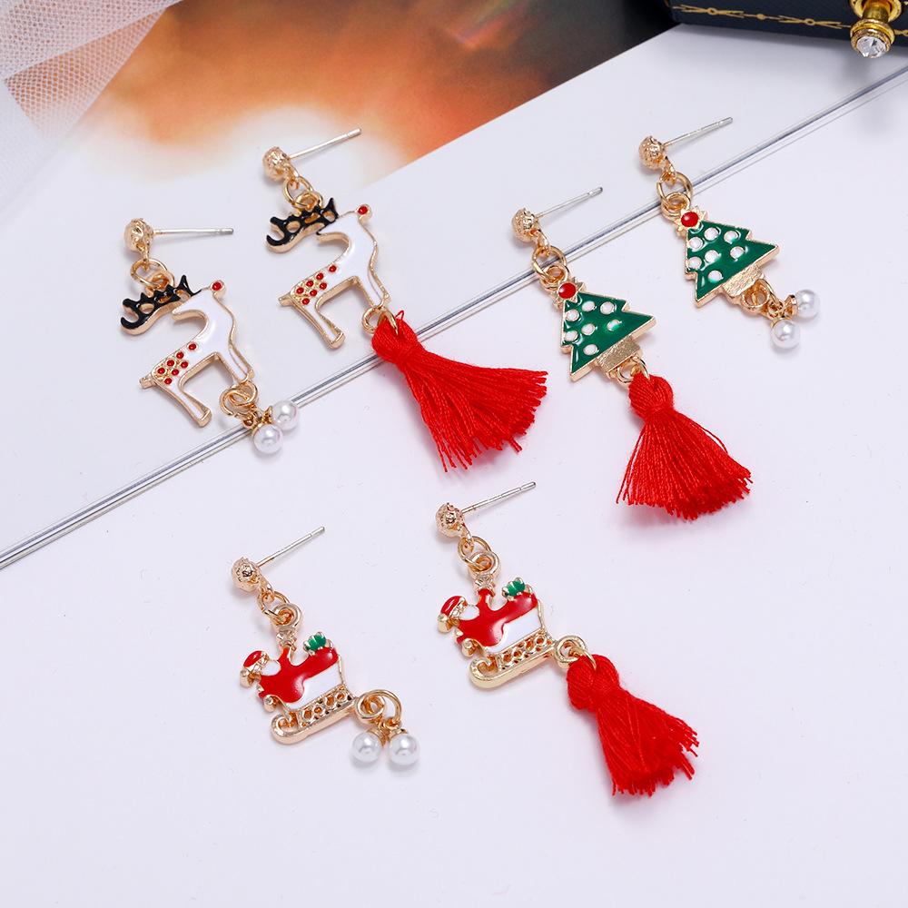 Festive Christmas Earrings: Cute Reindeer, Santa Claus, and Christmas Tree Tassel Pendants