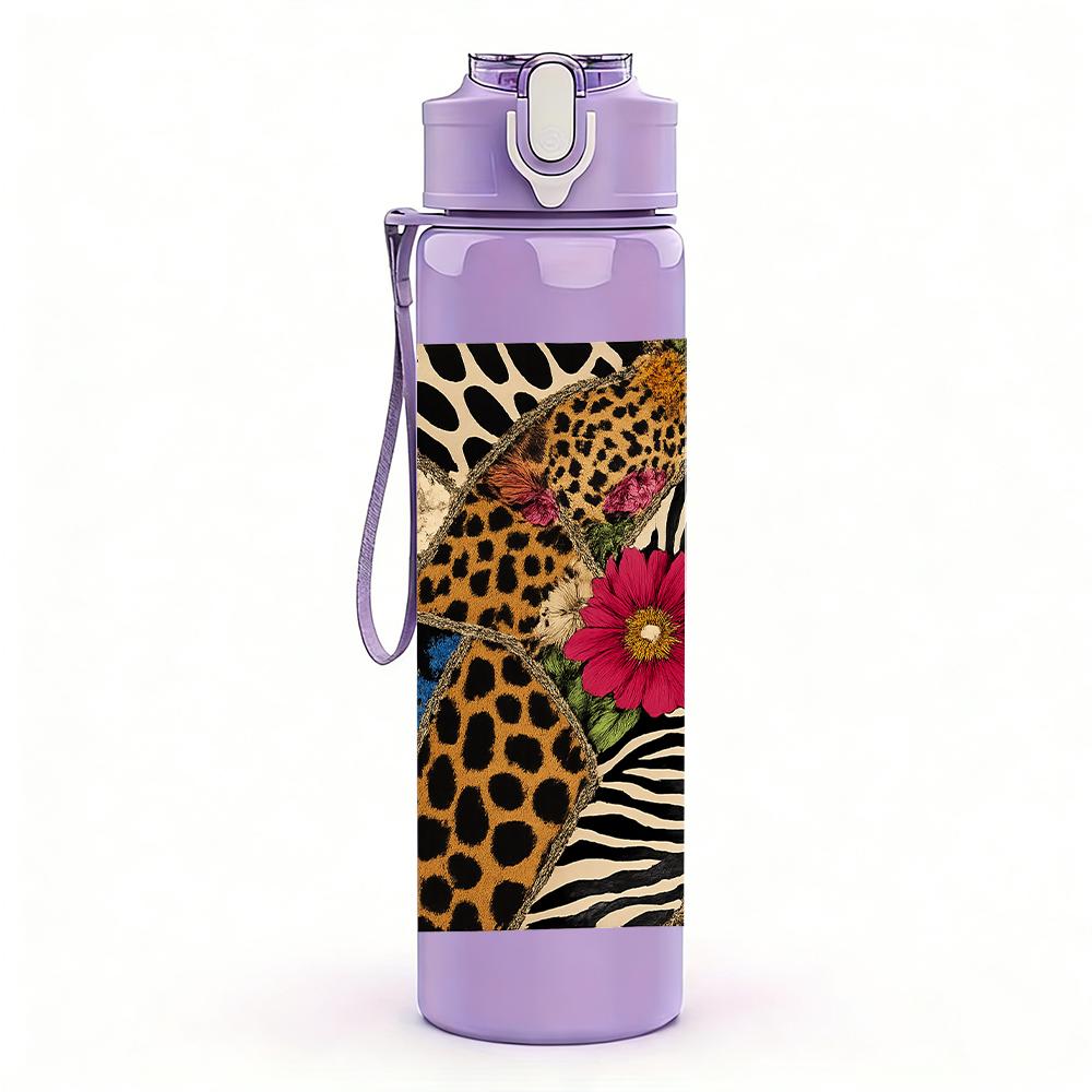 1PC Leopard Zebra Floral Texture 750ml Color Plastic Sports Water Bottle Leakproof Flip Straw Lid For Sports Office Home Use