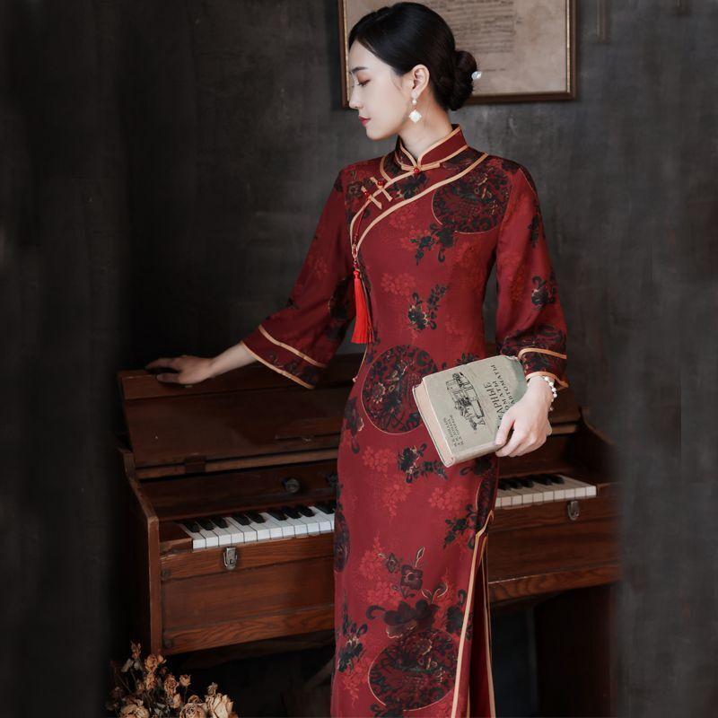 Qipao Vår og Høst Kinesisk Stil Vintage Trykk Smal Høy Klasse Forbedret Cheongsam Kjole for Kvinner
