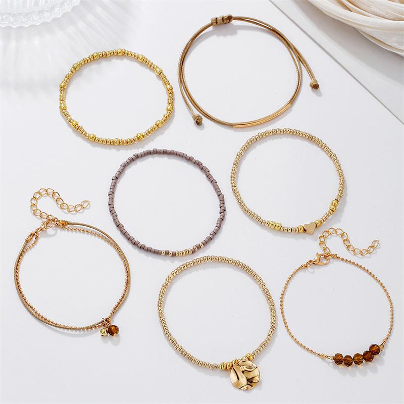 7Pcs/Set Bohemian Heart Beads Round Charms Bracelets For Women Elastic Beaded Stretchy Strand Chain Bangle Set Party Jewelry