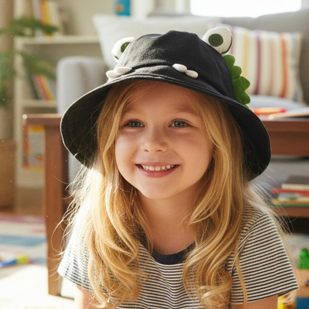 (Taglia unica, nero) Cappello a secchiello da donna con rana, Cappello da sole carino a cartoni animati con tesa larga, Cappellino estivo leggero