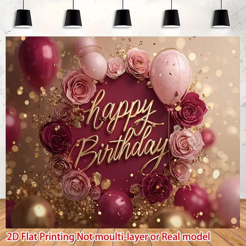 2D Elegant Burgundy Gold Happy Birthday Background Cloth with Flowers