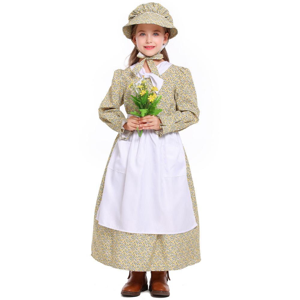Dzieci Dziewczynki Kolonie Dramatyczne Wiejska Farma Służka Kwiatowa Sukienka Fartuch Czapka Zestaw Kostiumy Cosplay na Halloween Strój do Odgrywania Ról