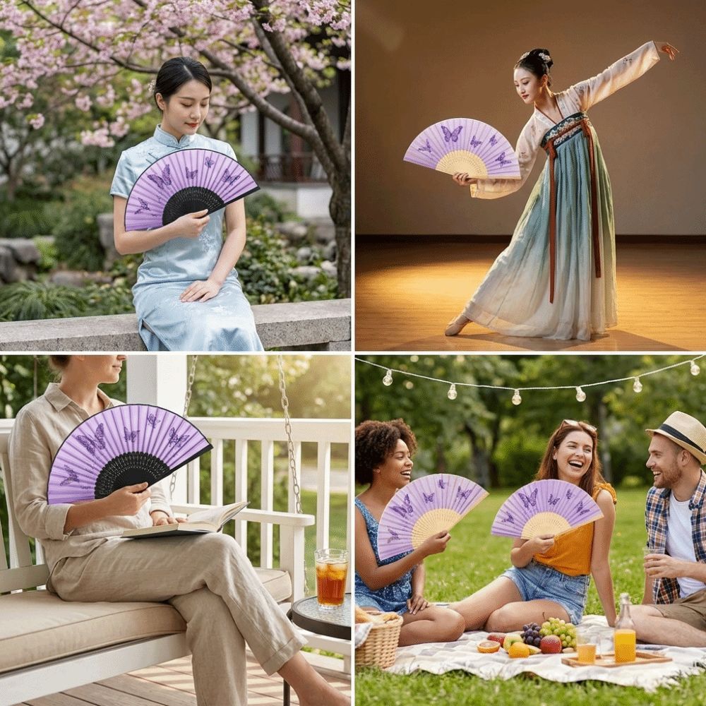 Chinese Style Silk Folding Fan Butterfly Pattern Handmade Handheld Fan Cooling with Tassel Decorative Fan Party Props