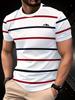 Men'S Summer Casual Striped Shirt - Comfortable Mountain Logo Crew Neck, White Base with Red And Blue Stripes, Short Sleeve Suitable for Gym, Running,