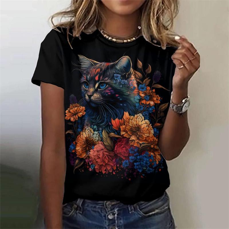 Flower Cat Pattern T-Shirt For Women Colorful Animal 3D Printed T Shirts Summer Fashion Street Tees O-Neck Tops Short Sleeves