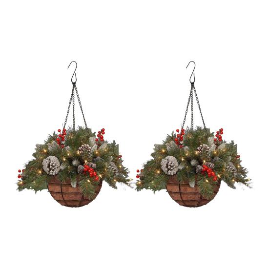 Christmas Hanging Baskets Pre-Lit Artificial Basket with LED Lights Pine Cones Berries Winter Outdoor Planter for Outside Porch Front Door Decor