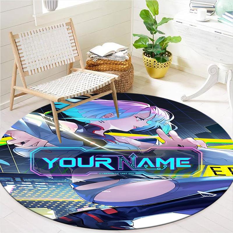 Cybernetic Future Heroine Custom Name Round Area Rug Carpet Rug For Living Room Bedroom Sofa Playroom Decor Nonslip Floor Mat