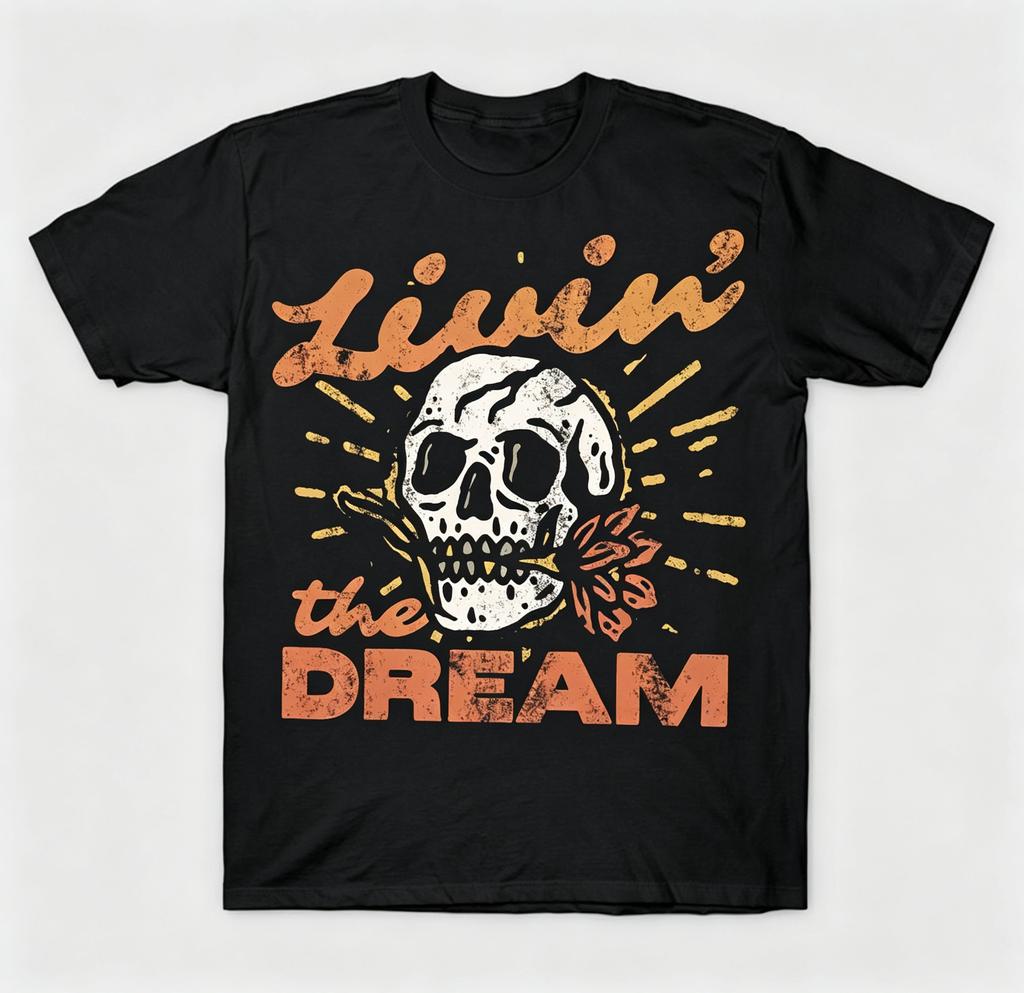 Livin' the Dream Distressed Skull Retro Grunge Indie Boho Graphic Tee